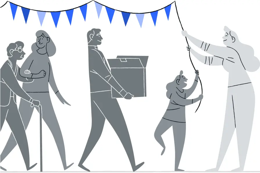 A cartoon of a group of people celebrating with a banner and a box